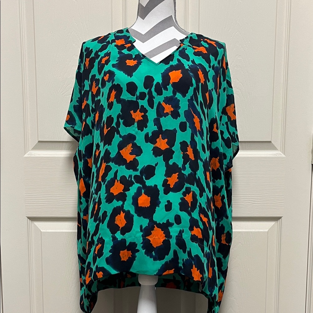 CAbi Vibrant Green and Orange Blouse